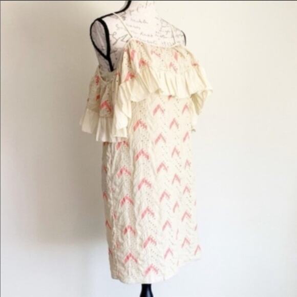 NEW PEPIN Zadie Ruffle Off Shoulder Tank TOP Cream Pink Chevron Eyelet Dress 2 - Picture 3 of 7
